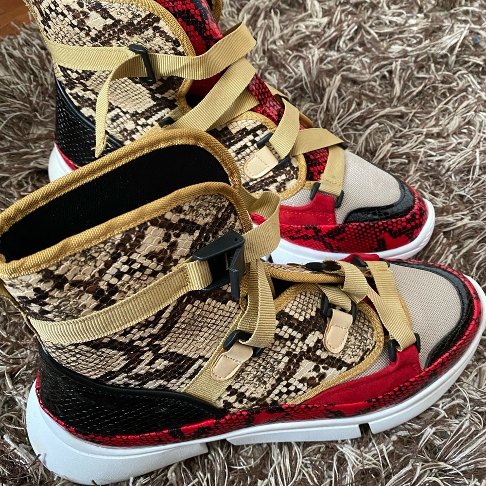 Cape Robbin shoes, red and black python color blocked super star high top.